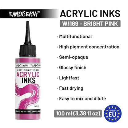 KAMENSKAYA Acrylic Inks for Artists - Bright Pink Acrylic Ink, 3.38 Fl Oz (100 ml) | Highly Concentrated, Multifunctional Liquid Acrylic Paint - color: Bright Pink