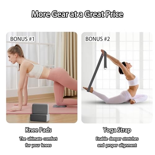 2 Yoga Blocks Supportive Accessories including 2 Knee Pads, 2 With Strap To Put Less Weight On Wrists, 1 Muscle Massage Roller, 2 Pair of Non-Slip Pilates Socks, 1 GYM Bag, Durable Versatile Yoga Brick Exercise Set of 10 - color: Grey