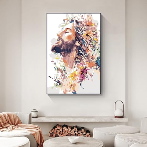 Yezavesu Framed Paint by Numbers Kit for Adults Beginner & Kids Ages 8-12, Jesus Paint by Numbers with Frame, DIY Number Painting for Adults Colorful Flowers for Home Wall Decor Gift 8X 12 inch | With Frame Canvas 8x 12 inch, DIY Acrylic Painting by Numbe