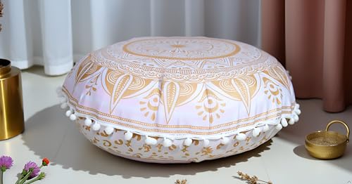 ICC Large Boho Ottoman Cover Pillowcase for Couch Floor Pillows & Cushion Covers Decorative Bohemian Hippie Mandala Pouf Pillow Cover Seating Meditation Cushion Cover (Gold Trishol, 32" Round) - size: 32" x 32" (Pack of 1), style: Gold Trishol