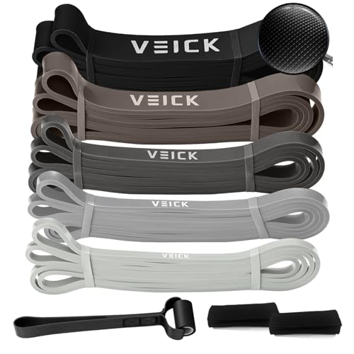 VEICK Pull Up Assist Resistance Bands for Home Gym | 100% Natural Latex, Non Slip Leather Texture, Space Saving, Full Body Training for Men Women - color: Gray Set of 5 + Hand Grip Pads