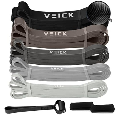 VEICK Pull Up Assist Resistance Bands for Home Gym | 100% Natural Latex, Non Slip Leather Texture, Space Saving, Full Body Training for Men Women - color: Gray Set of 5 + Hand Grip Pads