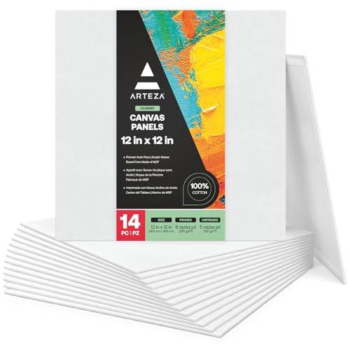 ARTEZA Square Canvas Panels, 12 x 12 in, Pack of 14, 100% Cotton Pre-Primed Canvas Boards for Acrylic, Oil, Gouache, Tempera, Pouring Paint, Crafts, and Wall Art - size: 12 x 12 (Pack of 14)