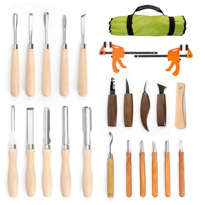 Wood Carving Kit - 23Pcs Wood Carving Tools Set,Carving Knife Set with 4Pcs Whittling Knives,11Pcs Chisel Knives,5Pcs Detail Carving Knives,1Pc Folding Saw,Wood Chisel Sets for Beginners Adults Kids
