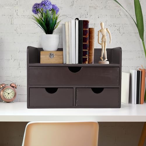 Besti Wooden Office Desk Organizer - Organizing Tool for Desktop, Cubicle, Bedroom, Kitchen - Vintage Style Organization Caddy with Top Tray Shelf & 3 Drawers - 13.6x9x7 Inches (Dark Brown) - color: Dark Brown