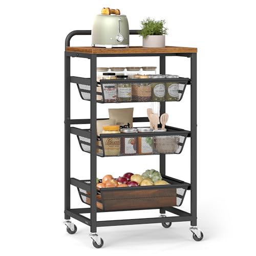 VASAGLE Storage Rolling Cart with Pull-Out Baskets, 4-Tier Utility Cart Orgnizer with Wheels for Laundry Room, Kitchen, Handle, 12.5 x 15.8 x 29.9 Inches, Rustic Brown and Ink Black ULRC040K01 - color: Rustic Brown + Ink Black, size: 4 Tiers