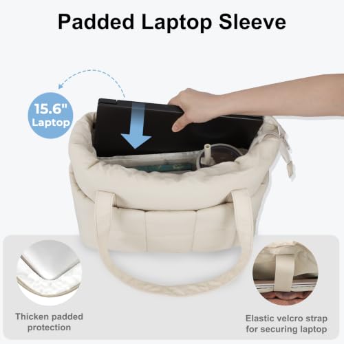 U+U Puffer Tote Bag for Women, Quilted Work Tote with Compartments | Work-to-Travel Design with Yoga Mat Strap - color: Cream
