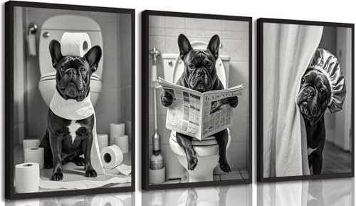 3Pcs Black White French Bulldog Bathroom Wall Art Abstract Dog Toilet Paper Poster Prints Artwork Funny Animal Pictures Wall Decor for Washroom Home Decoration 12x16in Unframed - color: Dog, size: 16"L x 12"W Poster