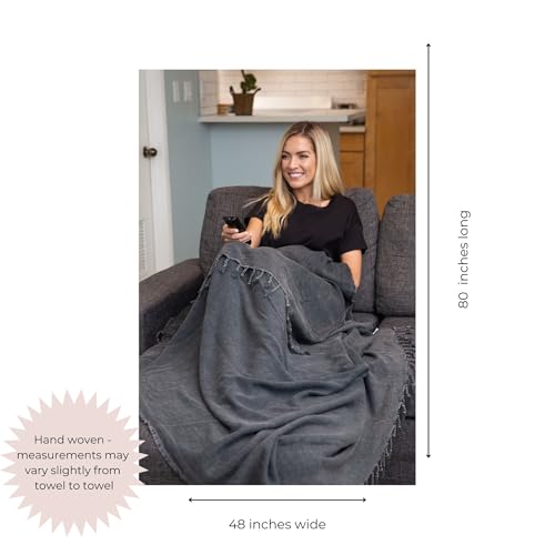 InfuseZen Stonewashed Turkish Organic Cotton Couch Throw Blanket - Charcoal - color: Large Charcoal (80" X 48")