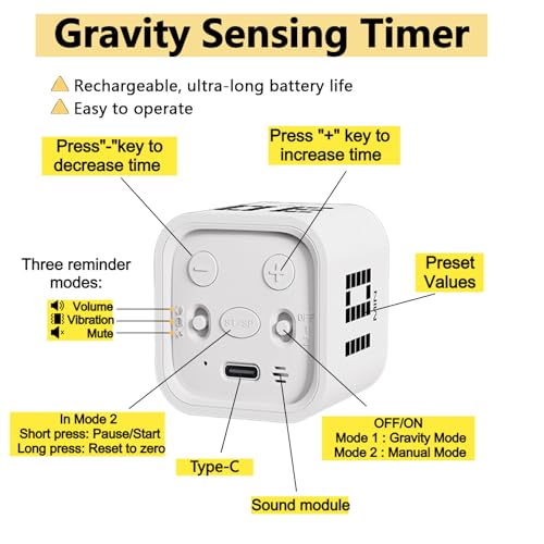 Rotating Digital Cube Timer with Gravity Sensor, 5/10/30/60 Min Preset & Custom up to 99 Min, USB-C Rechargeable Stopwatch, Vibration Volume Mute Alert for Pomodoro Focus Study Kitchen (White) - color: White