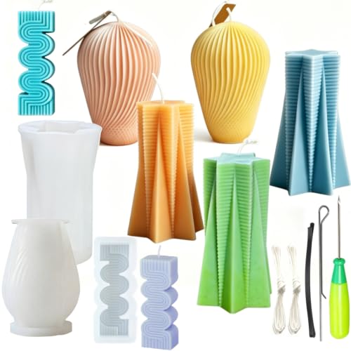 Twist Pillar Spira Candle Mold, Five-Pointed Star Column Geometric Silicone Mold with Punch Hook Needle and Candlewick, for Home Decor Craft Supplies - color: Star-Twist-Column