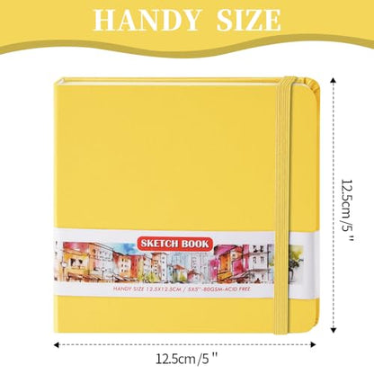 5x5 Pocket Sketch Book,80gsm Hardcover Art Sketchbook for Drawing Journal | PU Cover,Blank Paper,96Sheets/192Pages,Lay-Flat,Portable Travel Creation Paint Diary Memo Planner,Dry Media.Yellow - color: PU Cover-5x5in-Yellow