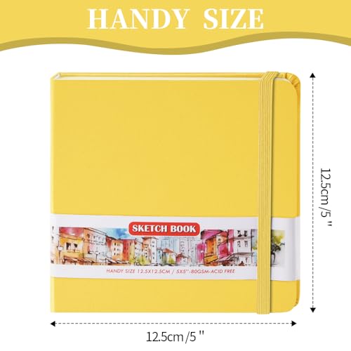 5x5 Pocket Sketch Book,80gsm Hardcover Art Sketchbook for Drawing Journal | PU Cover,Blank Paper,96Sheets/192Pages,Lay-Flat,Portable Travel Creation Paint Diary Memo Planner,Dry Media.Yellow - color: PU Cover-5x5in-Yellow