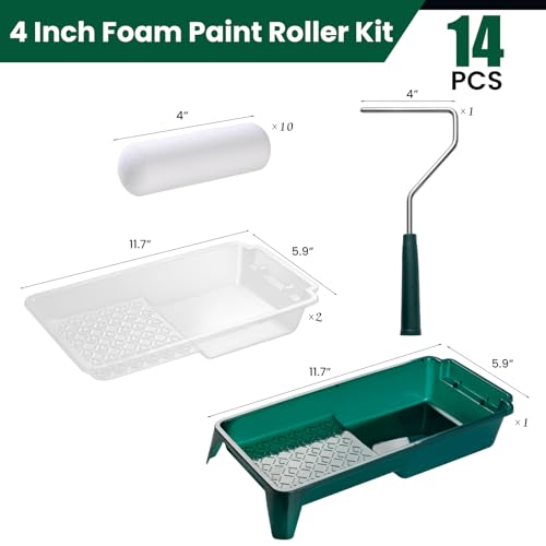Foam Paint Roller Kit, 14 Pack, 4 Inch Small Paint Roller Covers | Rollers for Smooth Finish, Paint Tray Set with Frame, High Absorption, for Painting Walls, Furniture, Cabinets and Ceilings