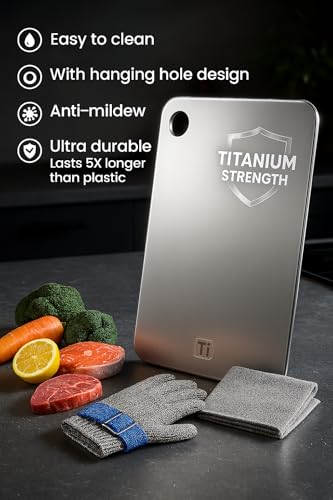 "Titanium Cutting Board for Kitchen – 100% Pure Titanium, Double-Sided Reversible, Non-Porous, Dishwasher Safe, Odor Resistant, Includes Cut-Resistant Gloves & Cleaning Cloth(Medium)"