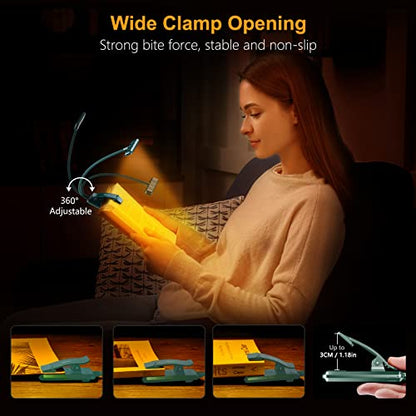Gritin 19 LED Rechargeable Book Light for Reading in Bed | Eye Caring 3 Color Temps,Stepless Dimming Brightness,Memory Function,90 Hrs Runtime Lightweight Clip on Light-Blackish Green - color: Blackish Green