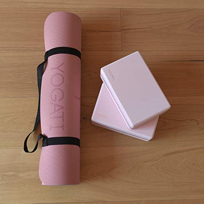 YOGATI® 정렬 라인이 있는 스트랩이 달린 요가 매트. 여성, 남성 및 아동용 홈 운동 매트. 필라테스와 피트니스를 위한 두꺼운 미끄럼 방지 요가 매트. 브라운, 핑크 및 퍼플 요가 매트 - color: 핑크