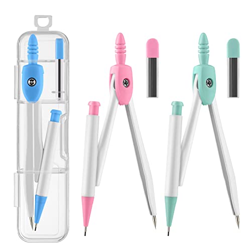 3 Packs Colorful Basic Metal Math Compass for Geometry Set,Extra Leads, Mechanical Pencil Desiged,Drawing Tools Compass for Students School Supplies and Office Supplies (Pink,Blue and Green) - color: Pink,blue and Green