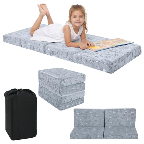 MeMoreCool Kids Folding Mattress 63x26 Trifold Floor Mat, Grey Dinosaur - color: Grey Dinosaur