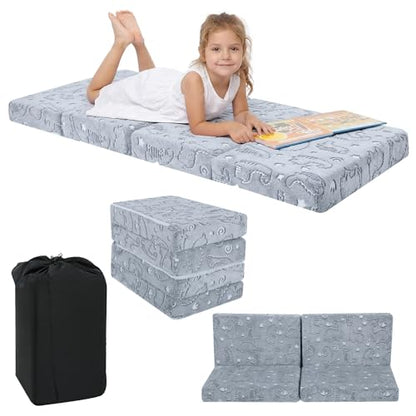 MeMoreCool Kids Folding Mattress 63x26 Trifold Floor Mat, Grey Dinosaur - color: Grey Dinosaur