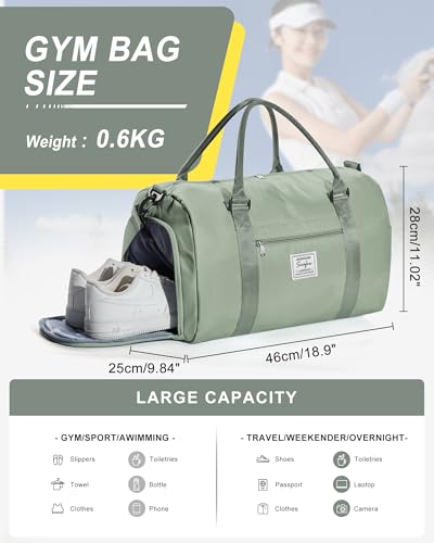 Gym Bag Womens Mens with Shoes Compartment and Wet Pocket Travel Duffel Bag for Women for Plane Sport Gym Tote Bags Swimming Yoga Waterproof Weekend Overnight Carry on Bag Hospital Holdalls - color: A2-Grey Green