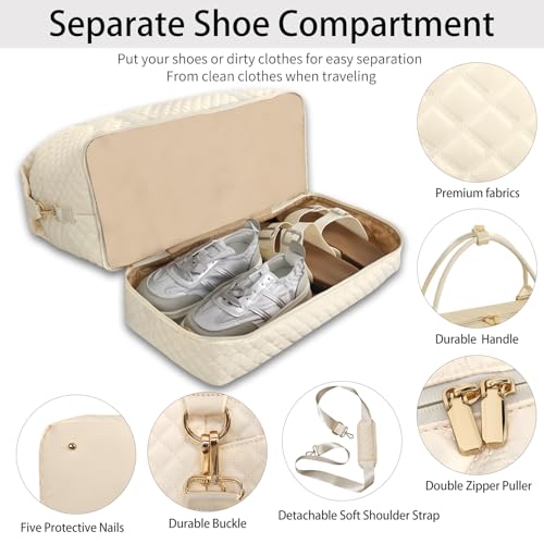 Weekender Bag, Large Travel Duffel Bag for Women, Carry on Overnight Bag with Shoe Compartment and Toiletry Bags - color: H-3PCS Beige White