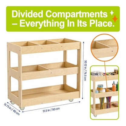 3-Tier Wooden Art Cart Organizer on Wheels for Kids | Rolling Craft Cart, Montessori Furniture, Multi-Functional Birch Plywood Art Supply Cart for Office, Nursery & Classroom