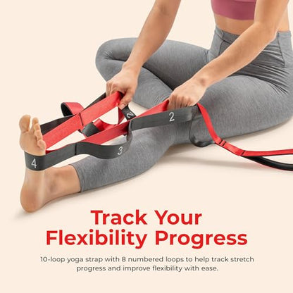 Sunny Health & Fitness Premium Yoga Stretch Strap, 10 Individual Grip Loops