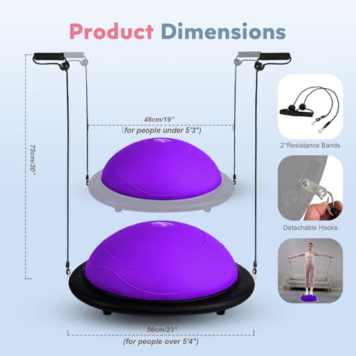 kisnbld Half Balance Ball Trainer, Inflatable 19/23 Inch Half Exercise Ball with Resistance Bands and Pilates Ball, Non-Slip 660lbs Capacity Yoga Ball for Home Gym Full Body Workouts