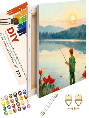 Share Young Fishing Scene Paint by Numbers Kit for Adults - DIY Boy Fishing by The Lake at Sunset Painting on Canvas 16x20In Framed, Acrylic Paint Set, Suitable for Beginners, Art for Home Decoration - color: cyy335-16X20IN framed
