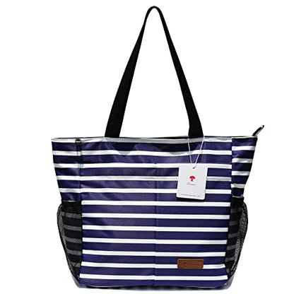 ESVAN Original Floral Tote Bag Large Shoulder Bag with Multi Pockets for Gym Travel Beach Daily Bags - color: Blue-white-flower