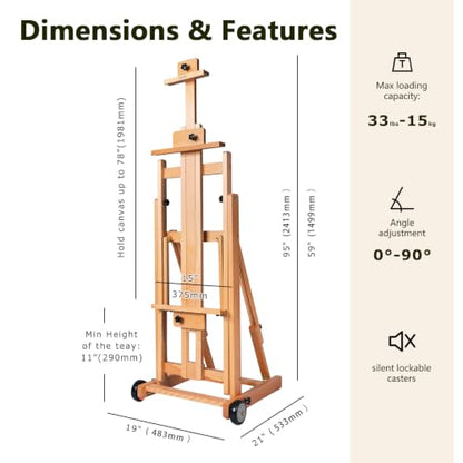 DJAR Large H-Frame Painting Easel for Adults, Solid Beech Wood, Natural | Movable & Tilting Flat Floor Stand, Holds Canvases up to 78", Adjustable Heavy Duty Studio Art Easel for Artists - style: Natural H-Frame Easel