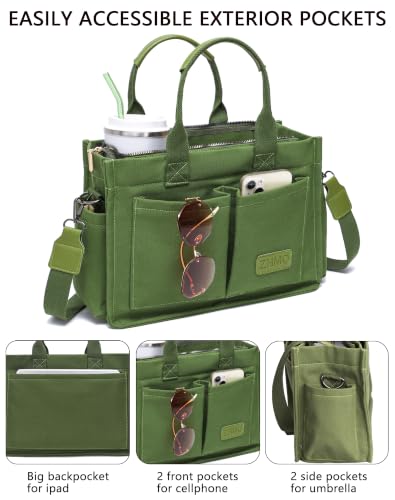 ZHMO Canvas Tote Bag for Women,Women's Bags Crossbody Bags Work Laptop Tote Bag Large Handbags Purse for Travel Nurse Teacher - color: New Upgrade Army Green With Compartments and Side Cup Holders