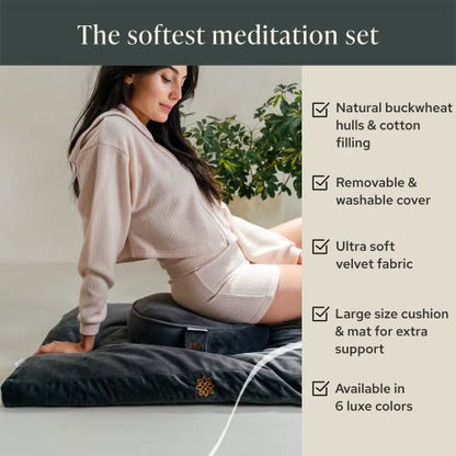 Mindful Modern Meditation Cushion and Zabuton Meditation Mat Bundle - Premium Luxury Velvet Meditation Cushion Set for Yoga - Buckwheat Zafu Floor Pillow and Rectangular Mat - Graphite Grey Color