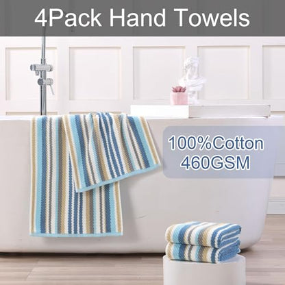 VOOVA & MOVAS Hand Towels 4 Pack, 100% Cotton, 16x27 in, Blue Gray Beige - color: Blue + Gray + Beige Striped, size: 4 PC Hand Towels (16"x27")