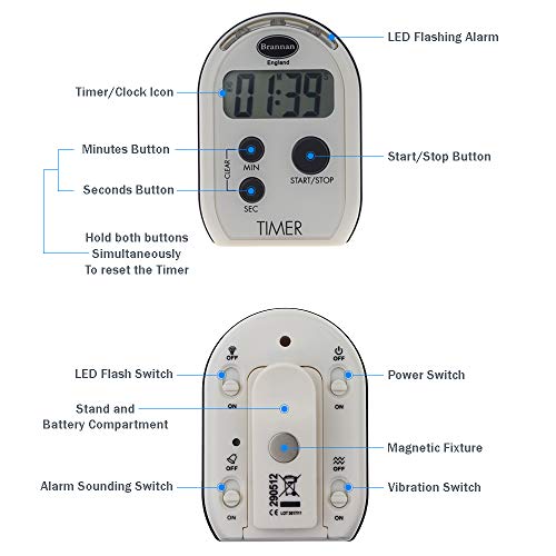 Brannan Visual Timer Multi Function with Vibrating Audible and Flashing Alarm - Seniors Countdown Timer Ideal for The Visually and Hearing Impaired