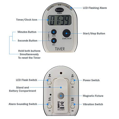 Brannan Visual Timer Multi Function with Vibrating Audible and Flashing Alarm - Seniors Countdown Timer Ideal for The Visually and Hearing Impaired