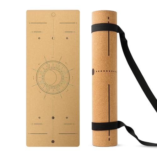 Cork Yoga/Excercise Mat with Carrying Strap | 72in x 26in | 5mm Thick | Luxury | Eco-Friendly | Non-Slip & Water Absorbent | Alignment and Pose Markers | Laser Engraved Design | Pilates