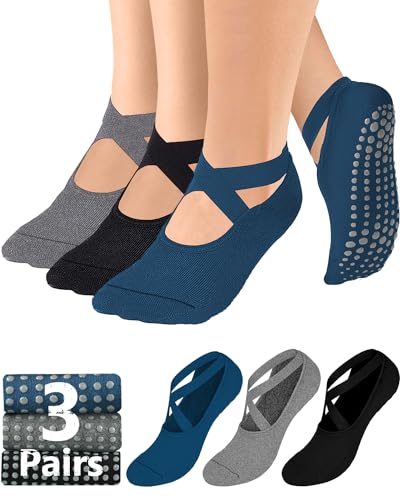 AURUZA Pilates Grip Socks for Women Non Slip Skid Yoga Socks with Grips Straps for Ballet Dance Workout Gripper Sock - color: 3pairs- Black+gray+blue, size: Large
