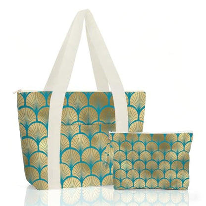 IAXIC Waterproof Tote Bag and Wet Bag Set, Summer Pattern Design for Beach Travel Gym Holiday Gifting - color: Gold Scallop