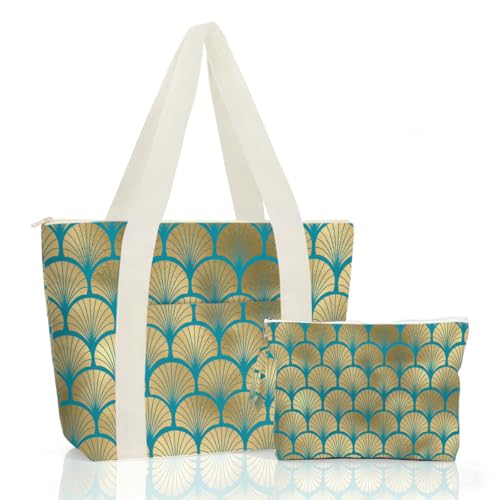 IAXIC Waterproof Tote Bag and Wet Bag Set, Summer Pattern Design for Beach Travel Gym Holiday Gifting - color: Gold Scallop