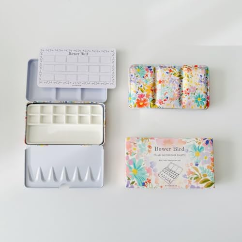 Bower Bird Travel Watercolor Palette,Portable Ceramic Palette,Empty Paint Palette,Small Travel Metal Paint Boxwith Porcelain Palette - color: 12well