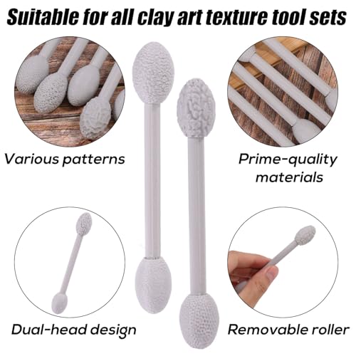 5pcs Clay Texture Roller Set, Oval Doubled-Headed Modeling Clay Stick with Various Patterns and Removable Roller for Pottery & DIY Crafts(Grey)