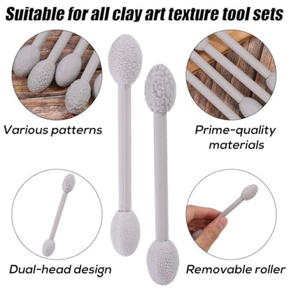 5pcs Clay Texture Roller Set, Oval Doubled-Headed Modeling Clay Stick with Various Patterns and Removable Roller for Pottery & DIY Crafts(Grey)