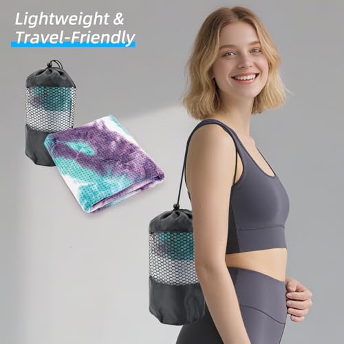 YESLIFE Non-Slip Yoga Towel, 72"x24", Purple | Microfiber yoga mat towel, grip dots, sweat absorbent, hot yoga Pilates workout, includes sweat towel, Purple - color: Green&purple
