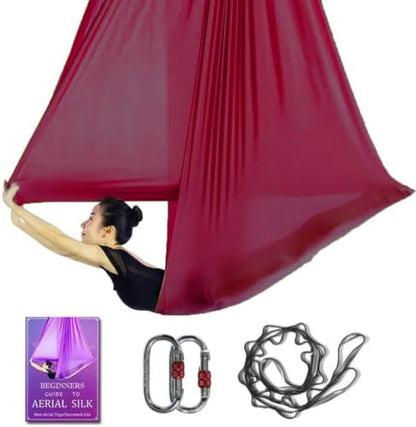 Aerial Yoga Hammock L:5M W:2.8M 5.5 Yards Aerial Pilates Silk Yoga Swing Set with 2000 Ibs Load Include Daisy Chain, Pose Guide - color: Wine Red