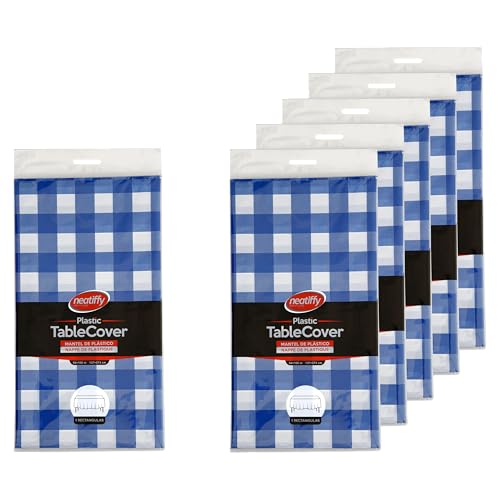Neatiffy 54 x 108 Inch 6 Pack Rectangle Plastic Table Cloth Picnic/Camping/Party/Banquet Table Cover. Disposable/Reusable Tablecloths -Blue Checkered - color: Blue Checkered