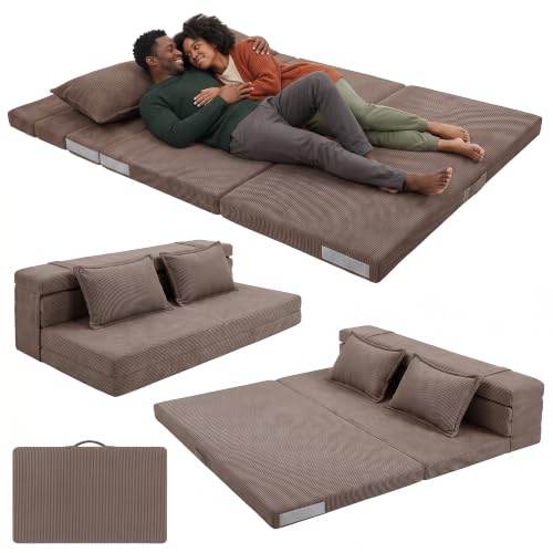 Tri-Fold Futon Mattress, Foldable Japanese Floor Sleep Mattress, High-Density Foam Tatami Bed Mat with Corduroy Cover, Floor Bed Mat for Couples, Guest Use (Espresso Brown,Queen) - color: Espresso Brown, size: Queen (80"L x 60"W x 3"Th)
