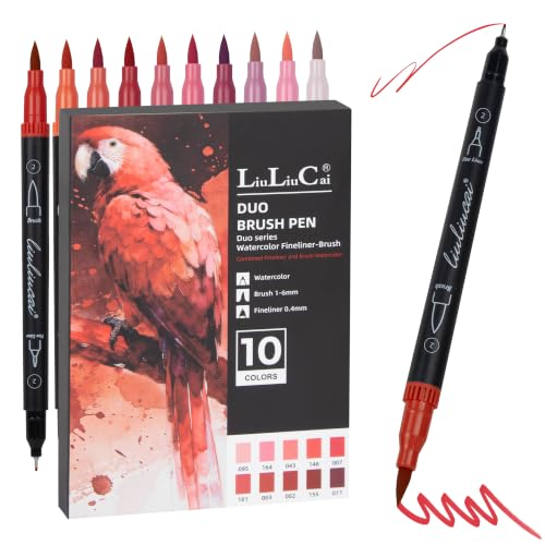 LIULIUCAI 10 Red Dual Markers, Fine & Brush Tip Pen for Adult Coloring | Bold Red Markers Brush Pens for Christmas Cards, Love Letters, Highlights Outlining, Signatures Illustration Gift - color: 10 Red