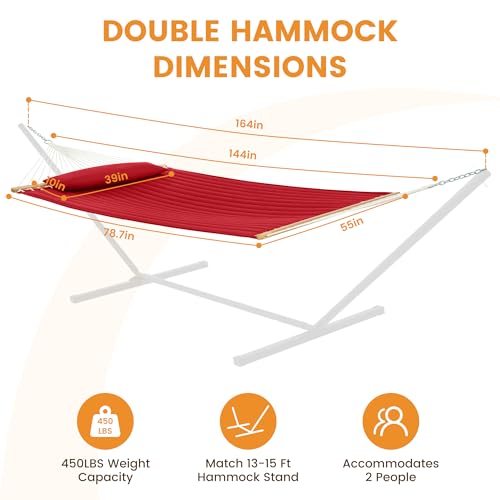 Lazy Daze 12 FT Double Hammock with Spreader Bar for Outside, Burgundy | 2 Person Heavy Duty Hammock with Detachable Pillow and Carabiners for Outdoor Backyard Poolside, 450lbs Weight Capacity - color: Burgundy